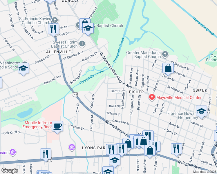 map of restaurants, bars, coffee shops, grocery stores, and more near 439-449 N Catherine St in Mobile