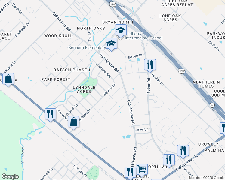 map of restaurants, bars, coffee shops, grocery stores, and more near 2701 Willhelm Drive in Bryan