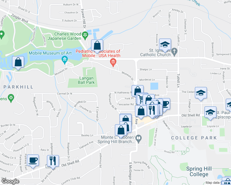 map of restaurants, bars, coffee shops, grocery stores, and more near 98 Lancaster Road in Mobile