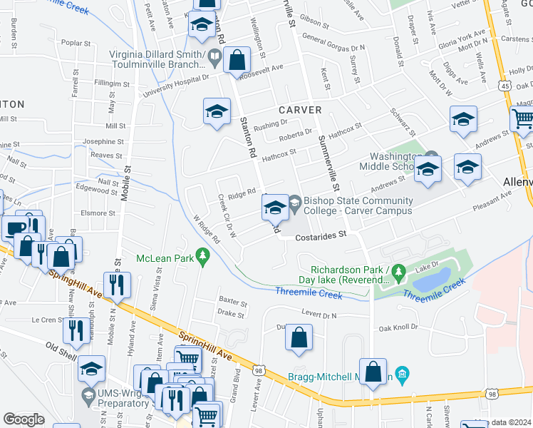 map of restaurants, bars, coffee shops, grocery stores, and more near 2401 Redmond Street in Mobile