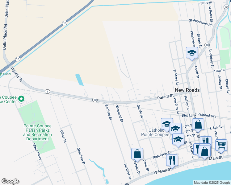 map of restaurants, bars, coffee shops, grocery stores, and more near 1012 Parent Street in New Roads