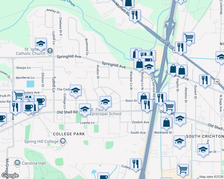 map of restaurants, bars, coffee shops, grocery stores, and more near 130 Batre Lane in Mobile
