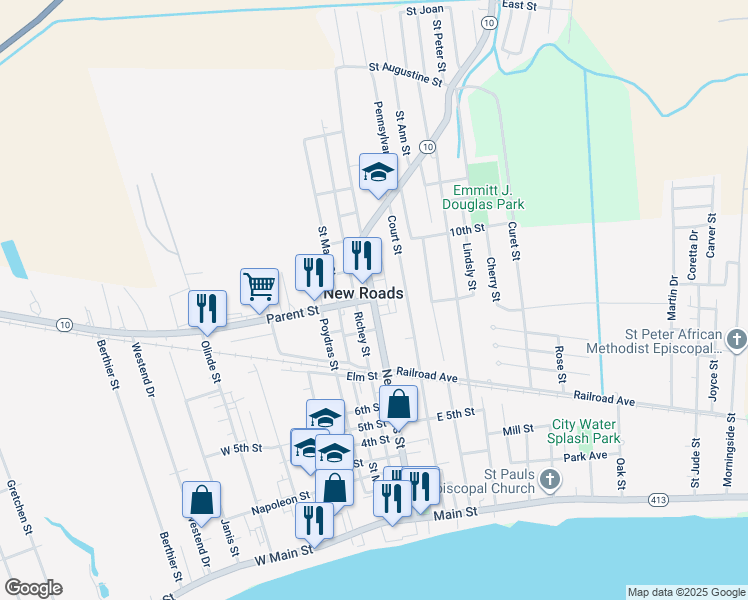 map of restaurants, bars, coffee shops, grocery stores, and more near 1100 New Roads Street in New Roads
