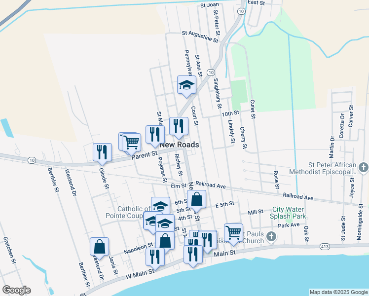 map of restaurants, bars, coffee shops, grocery stores, and more near 1100 New Roads Street in New Roads