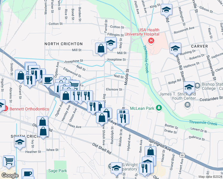 map of restaurants, bars, coffee shops, grocery stores, and more near 358 Cohron Street in Mobile