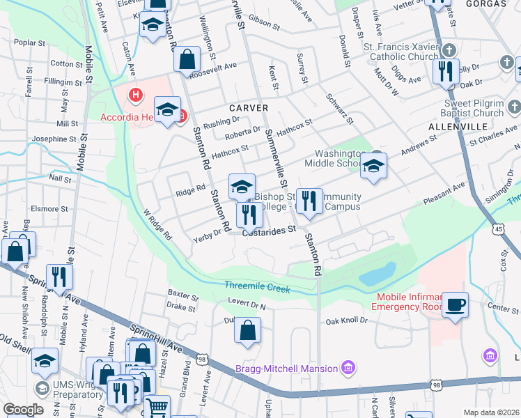 map of restaurants, bars, coffee shops, grocery stores, and more near 423 Devon Drive in Mobile