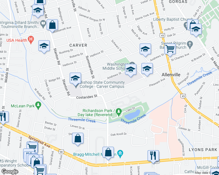 map of restaurants, bars, coffee shops, grocery stores, and more near 2103 Laxton Street in Mobile