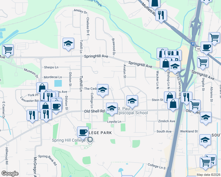 map of restaurants, bars, coffee shops, grocery stores, and more near 3500 The Cedars Avenue in Mobile