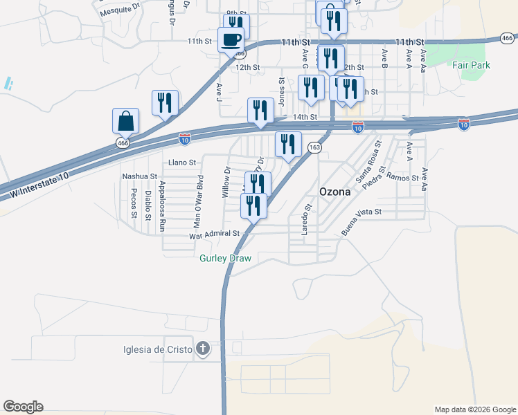 map of restaurants, bars, coffee shops, grocery stores, and more near 1806 Walnut Street in Ozona