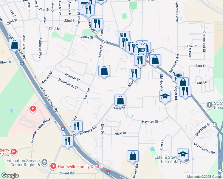 map of restaurants, bars, coffee shops, grocery stores, and more near 2750 Montgomery Road in Huntsville