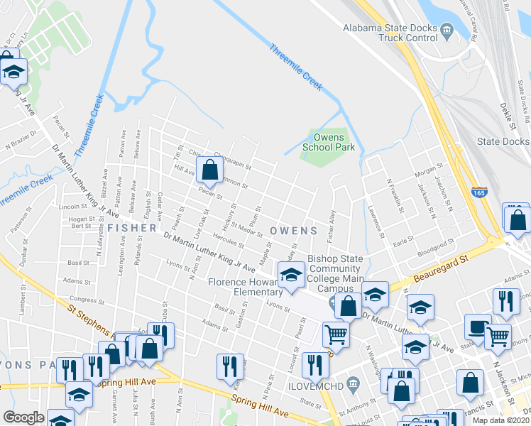map of restaurants, bars, coffee shops, grocery stores, and more near 1160 Pecan Street in Mobile