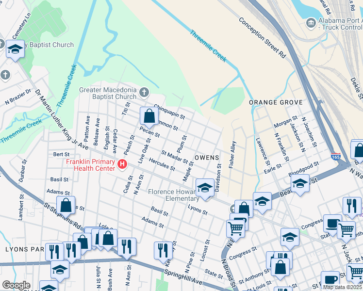 map of restaurants, bars, coffee shops, grocery stores, and more near 1198 Pecan Street in Mobile