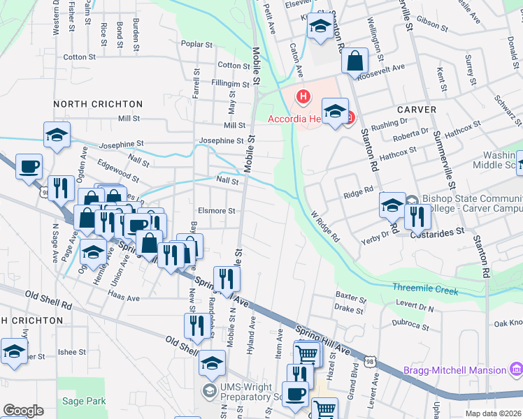 map of restaurants, bars, coffee shops, grocery stores, and more near 2670 Hayles Street in Mobile