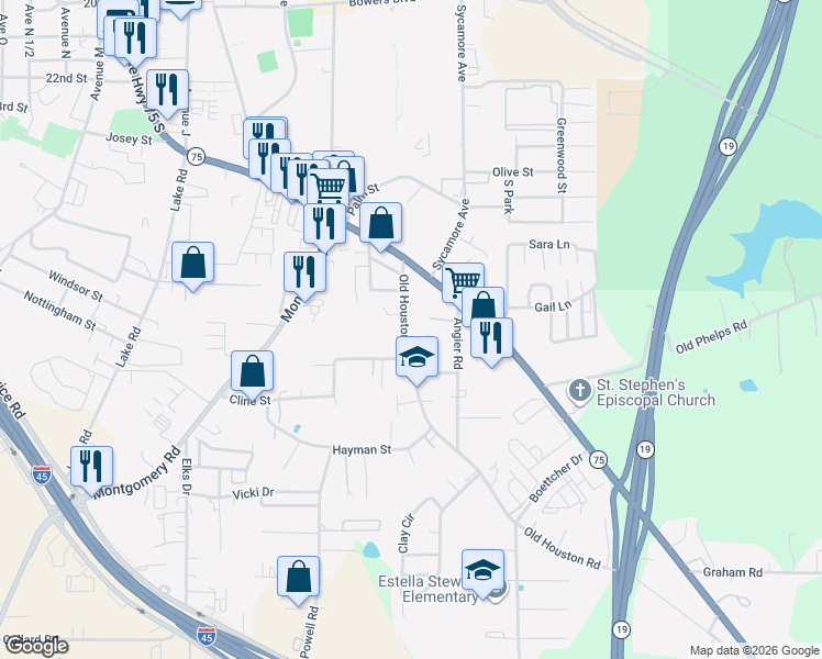 map of restaurants, bars, coffee shops, grocery stores, and more near 2706 Old Houston Road in Huntsville