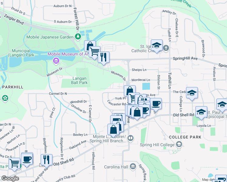 map of restaurants, bars, coffee shops, grocery stores, and more near 64 North Hathaway Road in Mobile