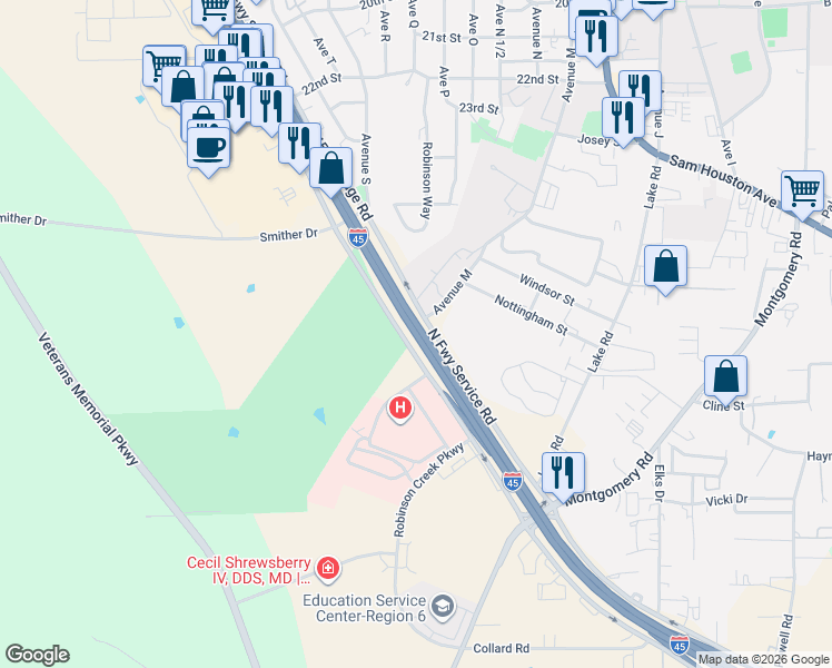 map of restaurants, bars, coffee shops, grocery stores, and more near 457 Interstate 45 in Huntsville