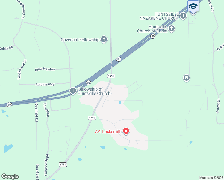 map of restaurants, bars, coffee shops, grocery stores, and more near a007 Farm to Market 1791 in Huntsville