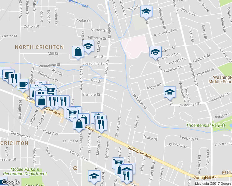 map of restaurants, bars, coffee shops, grocery stores, and more near 2653 Hayles Street in Mobile