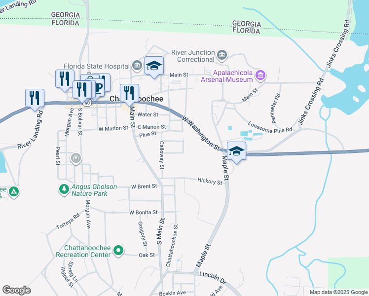 map of restaurants, bars, coffee shops, grocery stores, and more near 270 State Street in Chattahoochee