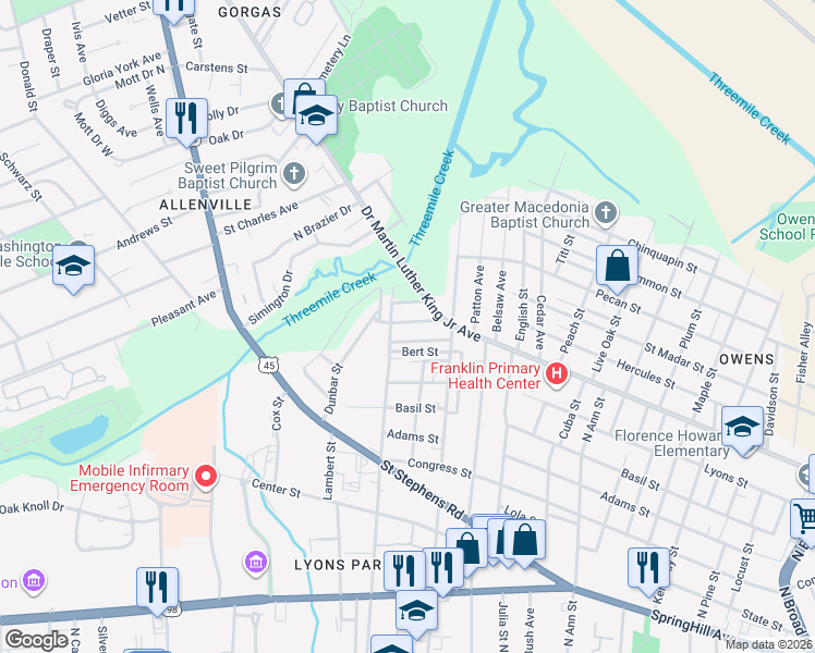 map of restaurants, bars, coffee shops, grocery stores, and more near 1461 Lincoln Street in Mobile