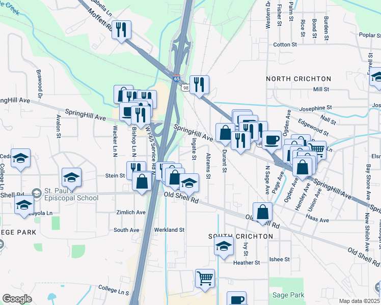 map of restaurants, bars, coffee shops, grocery stores, and more near 3254 Old Carline Street in Mobile