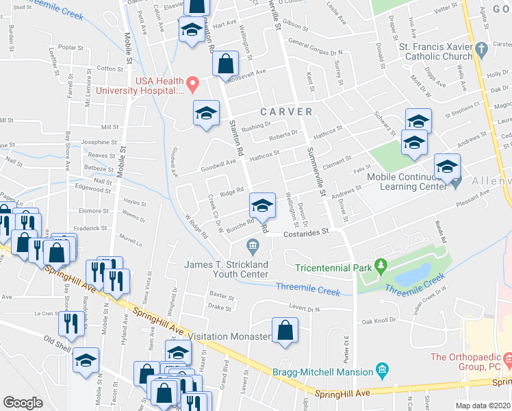 map of restaurants, bars, coffee shops, grocery stores, and more near 2398 Redmond Street in Mobile