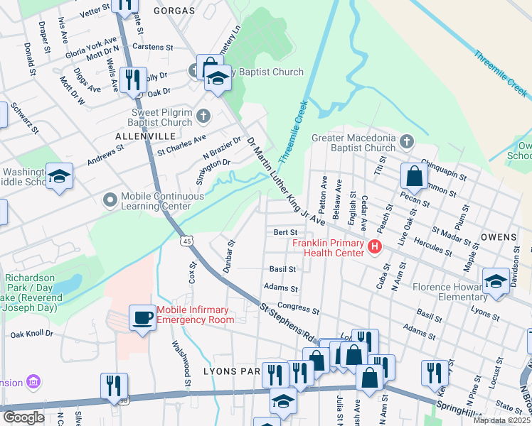 map of restaurants, bars, coffee shops, grocery stores, and more near 551 North Catherine Street in Mobile