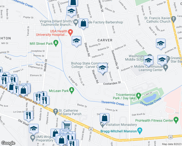 map of restaurants, bars, coffee shops, grocery stores, and more near 2404 Redmond Street in Mobile