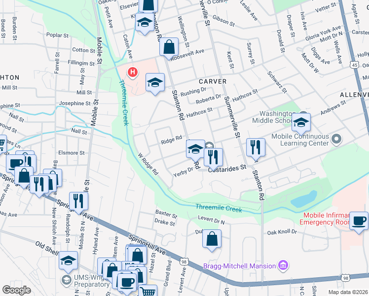 map of restaurants, bars, coffee shops, grocery stores, and more near 2404 Redmond Street in Mobile