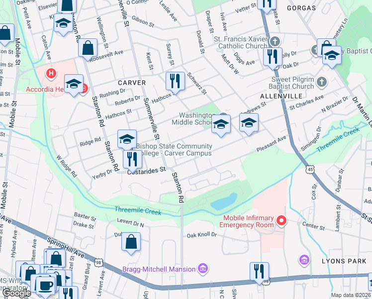 map of restaurants, bars, coffee shops, grocery stores, and more near 417 Chavers Street in Mobile