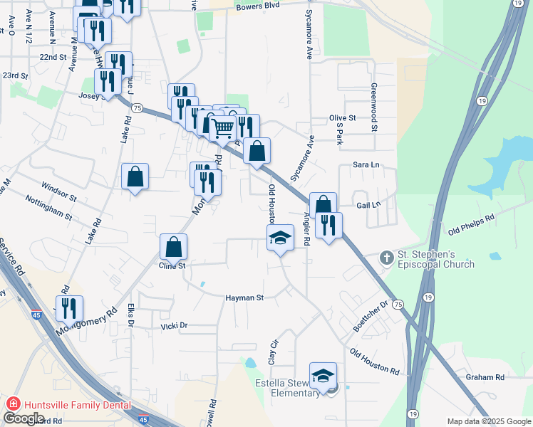 map of restaurants, bars, coffee shops, grocery stores, and more near 2706 Old Houston Road in Huntsville