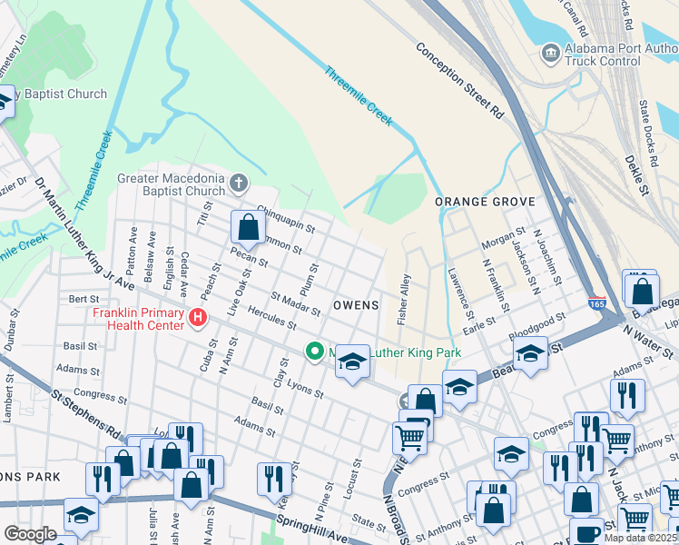 map of restaurants, bars, coffee shops, grocery stores, and more near 1153 Persimmon Street in Mobile