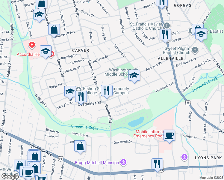 map of restaurants, bars, coffee shops, grocery stores, and more near 417 Chavers Street in Mobile