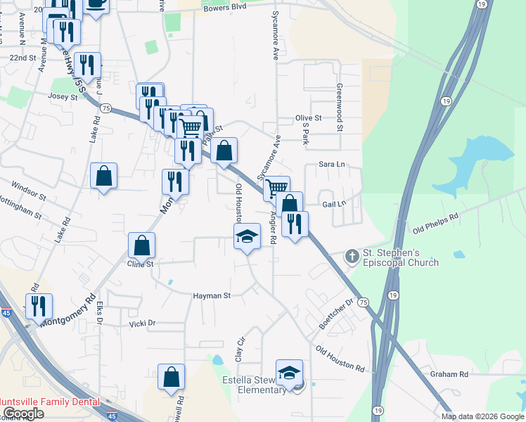 map of restaurants, bars, coffee shops, grocery stores, and more near 2710 Angier Road in Huntsville
