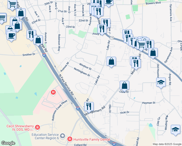 map of restaurants, bars, coffee shops, grocery stores, and more near 1336 Windsor Street in Huntsville