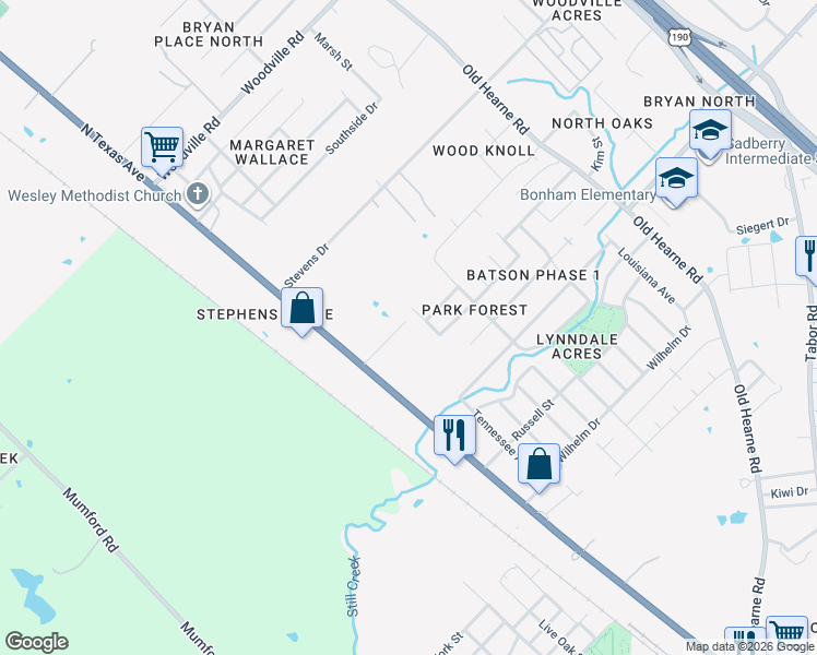 map of restaurants, bars, coffee shops, grocery stores, and more near 1920 Lightfoot Lane in Bryan