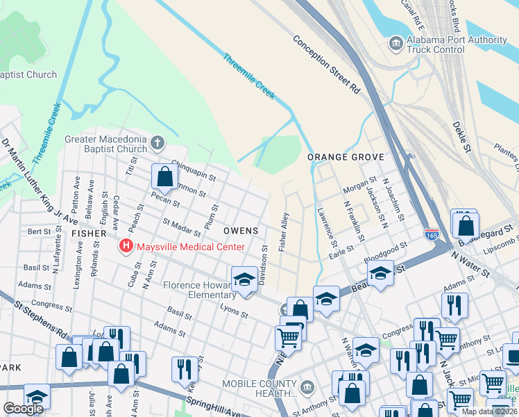 map of restaurants, bars, coffee shops, grocery stores, and more near 625 Monday St in Mobile