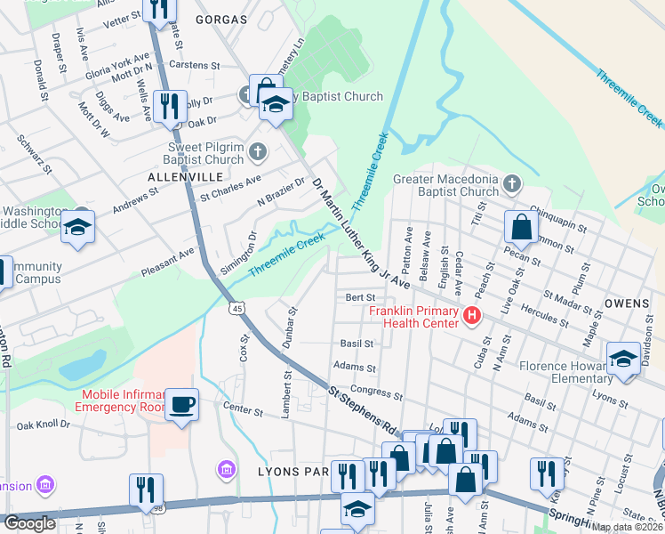 map of restaurants, bars, coffee shops, grocery stores, and more near 402 Dunbar Street in Mobile