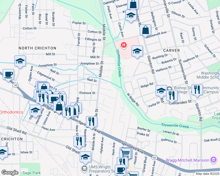 map of restaurants, bars, coffee shops, grocery stores, and more near 2654 Hayles Street in Mobile