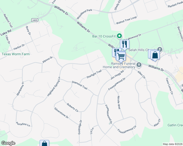 map of restaurants, bars, coffee shops, grocery stores, and more near 110 Starlight Trail in Georgetown