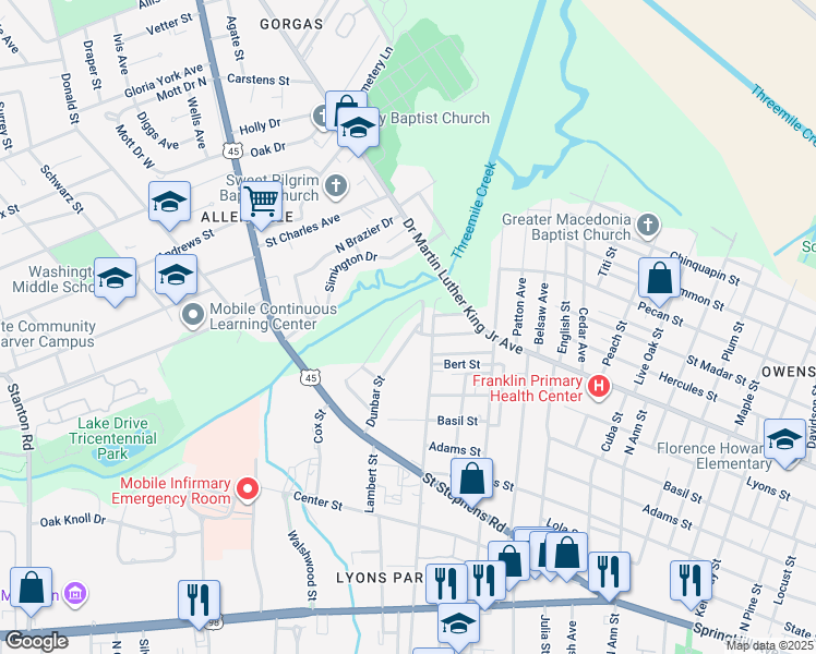 map of restaurants, bars, coffee shops, grocery stores, and more near 381 Dunbar Street in Mobile