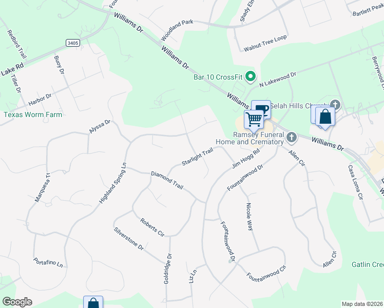 map of restaurants, bars, coffee shops, grocery stores, and more near 110 Starlight Trail in Georgetown