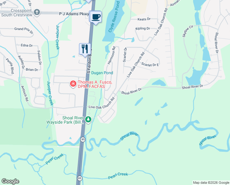 map of restaurants, bars, coffee shops, grocery stores, and more near 4636 Hermosa Road in Crestview