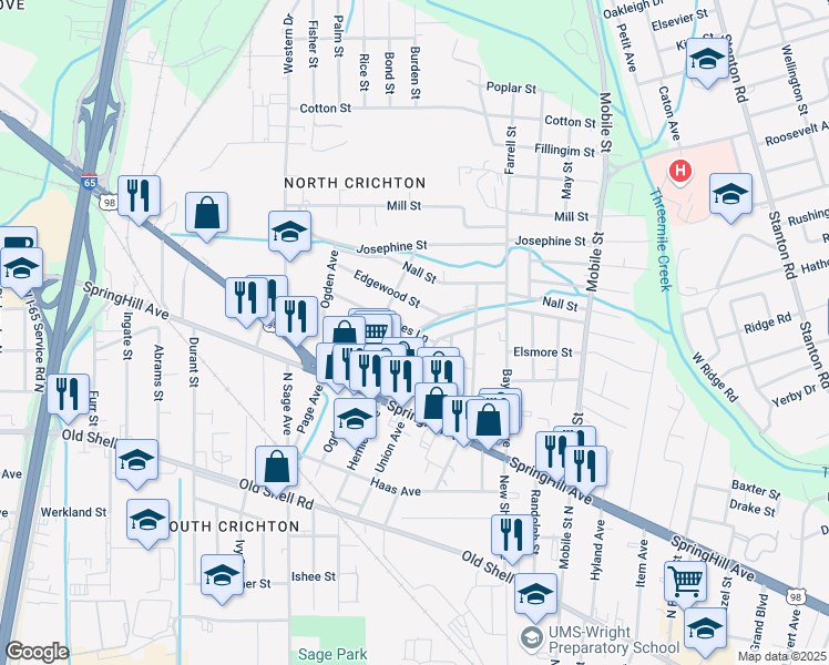 map of restaurants, bars, coffee shops, grocery stores, and more near 2860 Pages Lane in Mobile