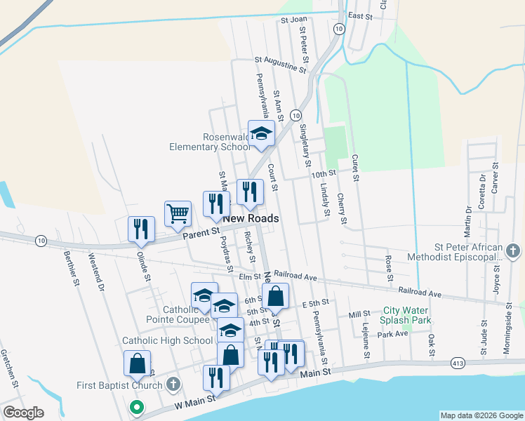 map of restaurants, bars, coffee shops, grocery stores, and more near 901 New Roads Street in New Roads