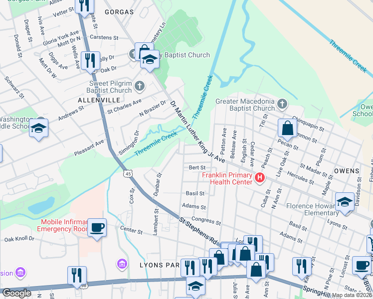 map of restaurants, bars, coffee shops, grocery stores, and more near 402 Dunbar Street in Mobile