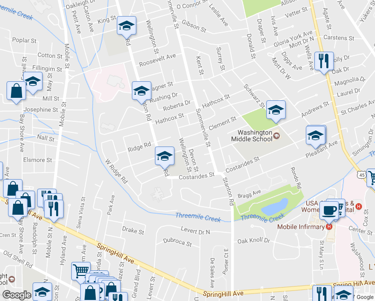 map of restaurants, bars, coffee shops, grocery stores, and more near 423 Devon Street in Mobile