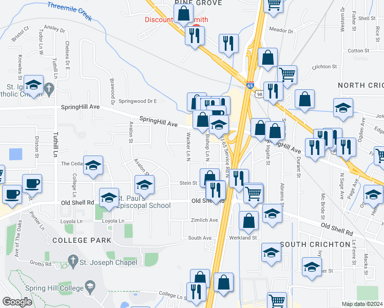 map of restaurants, bars, coffee shops, grocery stores, and more near 356 North Wacker Lane in Mobile