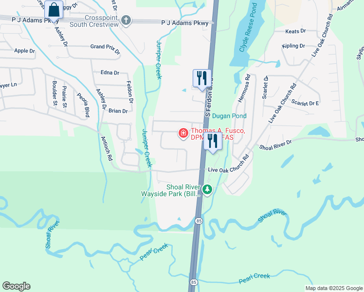map of restaurants, bars, coffee shops, grocery stores, and more near 424 Northview Lane in Crestview
