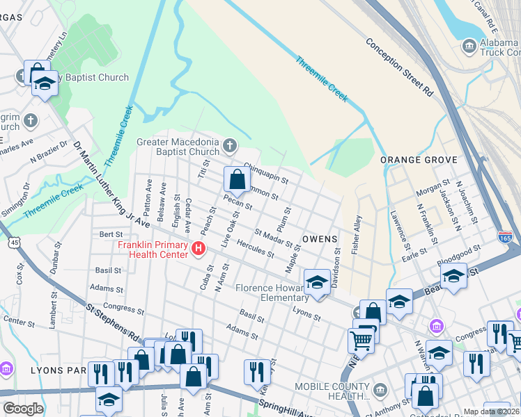 map of restaurants, bars, coffee shops, grocery stores, and more near 1250 Pecan St in Mobile